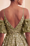 Olive Cold Shoulder Sequins A-Line Short Homecoming Dress with Lace Up Back
