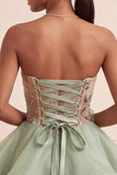Dusty Sage Strapless A-Line Corset Lace Up Back Sequins Short Homecoming Dress with 3D Flowers