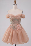 A-Line Pink Off the Shoulder Corset Bubble Hem Homecoming Dress with Lace Up Back