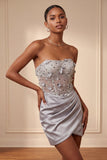 Grey Strapless Floral Sheer Corset Ruched Satin Homecoming Dress with Lace Up Back