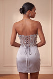 Grey Strapless Floral Sheer Corset Ruched Satin Homecoming Dress with Lace Up Back