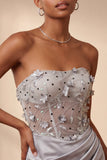 Grey Strapless Floral Sheer Corset Ruched Satin Homecoming Dress with Lace Up Back