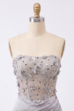 Grey Strapless Floral Sheer Corset Ruched Satin Homecoming Dress with Lace Up Back