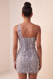One Shoulder Grey Bodycon Lace Up Back Sequins Short Homecoming Dress with 3D Flowers