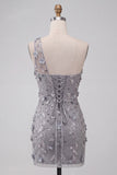 One Shoulder Grey Bodycon Lace Up Back Sequins Short Homecoming Dress with 3D Flowers