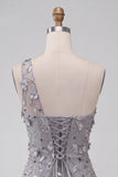 One Shoulder Grey Bodycon Lace Up Back Sequins Short Homecoming Dress with 3D Flowers