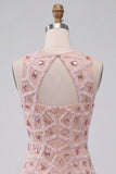 Blush Bodycon Round Neck Short Homecoming Dress with Beading