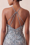 Halter Neck Grey Bodycon Floral Beaded Short Homecoming Dress with Fringes