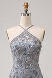 Halter Neck Grey Bodycon Floral Beaded Short Homecoming Dress with Fringes