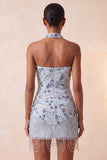 Blue Strapless Bodycon Floral Sequins Short Homecoming Dress with Fringes
