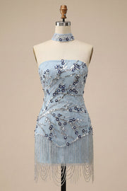 Blue Strapless Bodycon Floral Sequins Short Homecoming Dress with Fringes
