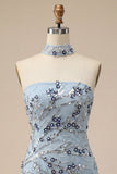 Blue Strapless Bodycon Floral Sequins Short Homecoming Dress with Fringes