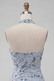 Blue Strapless Bodycon Floral Sequins Short Homecoming Dress with Fringes