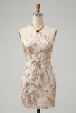Champagne Halter Neck Bodycon Sequins Backless Short Homecoming Dress