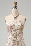 Champagne Halter Neck Bodycon Sequins Backless Short Homecoming Dress