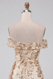 Off the Shoulder Champagne Bodycon Sequins Short Homecoming Dress with Sash