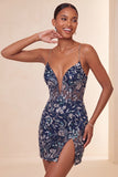 Bodycon Navy Sequins Spaghetti Straps Short Homecoming Dress with Slit