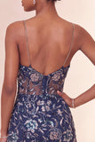 Bodycon Navy Sequins Spaghetti Straps Short Homecoming Dress with Slit