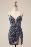 Bodycon Navy Sequins Spaghetti Straps Short Homecoming Dress with Slit
