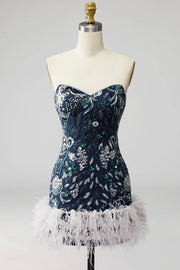 Strapless Navy Bodycon Sequins Short Homecoming Dress with Feathers