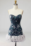 Strapless Navy Bodycon Sequins Short Homecoming Dress with Feathers