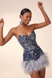 Strapless Navy Bodycon Sequins Short Homecoming Dress with Feathers