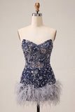 Strapless Navy Bodycon Sequins Short Homecoming Dress with Feathers