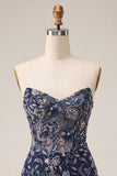 Strapless Navy Bodycon Sequins Short Homecoming Dress with Feathers