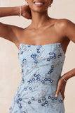 Strapless Blue Sequins Floral Short Homecoming Dress with Fringes