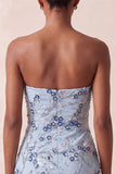 Strapless Blue Sequins Floral Short Homecoming Dress with Fringes
