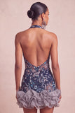 Navy Halter Neck Sequins Bodycon Floral Backless Short Homecoming Dress with Ruffles