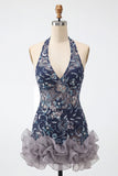 Navy Halter Neck Sequins Bodycon Floral Backless Short Homecoming Dress with Ruffles