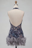 Navy Halter Neck Sequins Bodycon Floral Backless Short Homecoming Dress with Ruffles