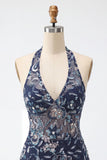 Navy Halter Neck Sequins Bodycon Floral Backless Short Homecoming Dress with Ruffles