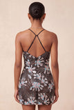 Black Bodycon Spaghetti Straps Sequins Floral Short Homecoming Dress with Slit