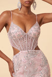Blush Bodycon Corset Cut Out Spaghetti Straps Sequins Floral Short Homecoming Dress