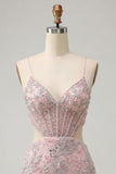 Blush Bodycon Corset Cut Out Spaghetti Straps Sequins Floral Short Homecoming Dress