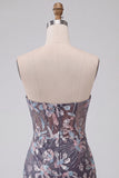 Grey Bodycon Strapless Corset Ruched Sequins Floral Short Homecoming Dress