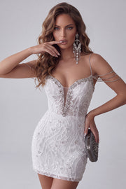 White Off The Shoulder Beaded Bodycon Short Homecoming Dress with Rhinestones
