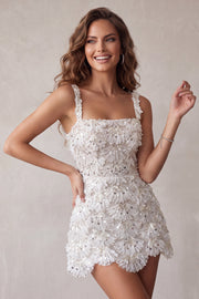 Ivory A-Line Square Neck Short Homecoming Dress with Sequins