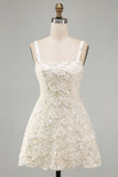 Ivory A-Line Square Neck Short Homecoming Dress with Sequins