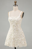 Ivory A-Line Square Neck Short Homecoming Dress with Sequins