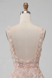 A-Line Champagne Floral Short Thick Straps Homecoming Dress with Sequins