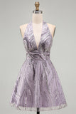 A-Line Lilac Halter Neck Backless Short Homecoming Dress with Sequins