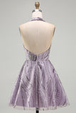 A-Line Lilac Halter Neck Backless Short Homecoming Dress with Sequins
