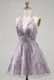 A-Line Lilac Halter Neck Backless Short Homecoming Dress with Sequins
