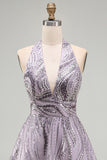 A-Line Lilac Halter Neck Backless Short Homecoming Dress with Sequins