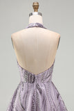 A-Line Lilac Halter Neck Backless Short Homecoming Dress with Sequins