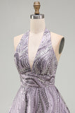 A-Line Lilac Halter Neck Backless Short Homecoming Dress with Sequins