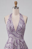 A-Line Lilac Halter Neck Backless Short Homecoming Dress with Sequins